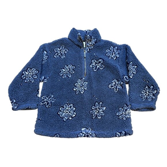 Vintage 90s L.L. Bean Kids Sherpa Deep Pile Fleece Pullover Jacket Blue Floral H - Picture 1 of 9